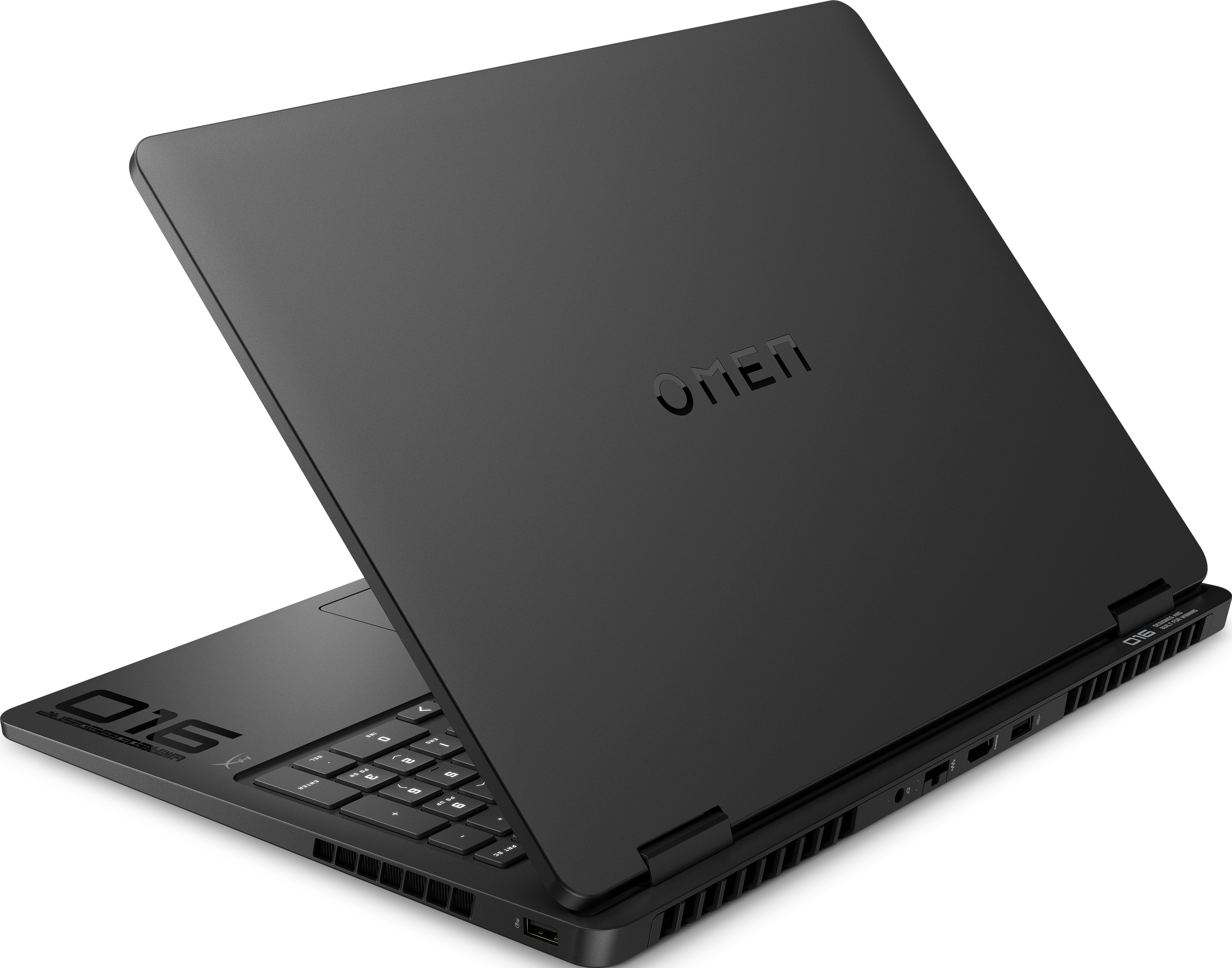 Un ordinateur portable noir avec le capot ouvert, montrant le clavier et le logo Omen.