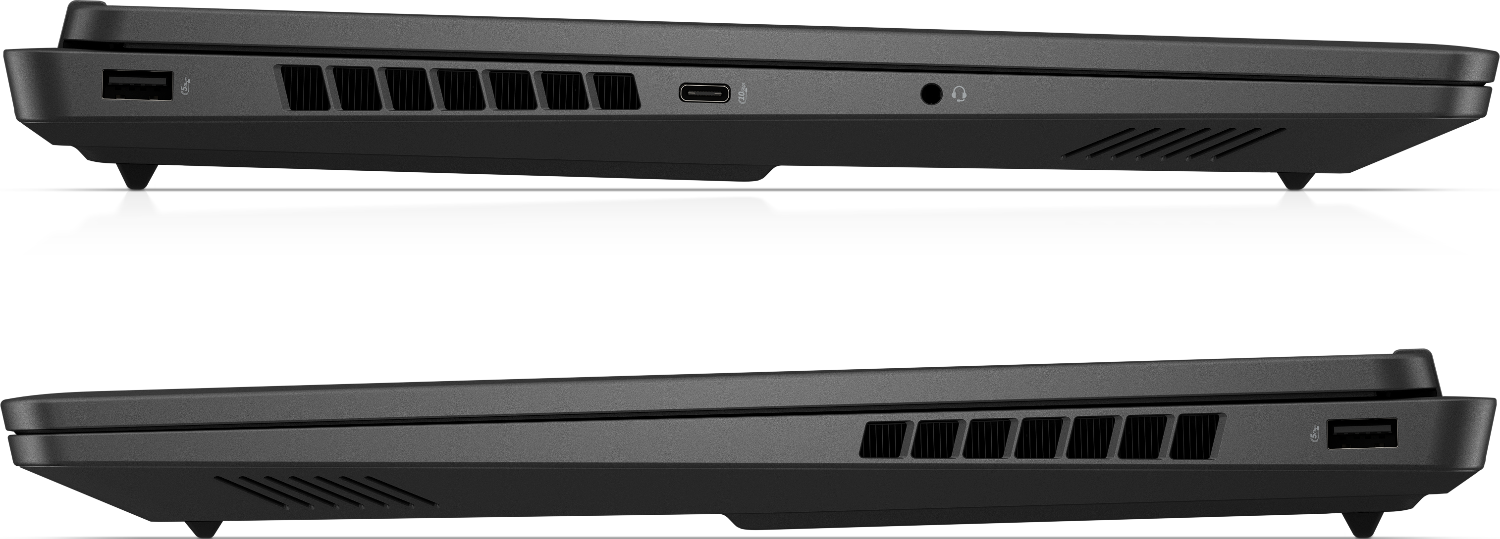 Vue latérale d'un ordinateur portable noir montrant les ports USB, USB-C et casque.