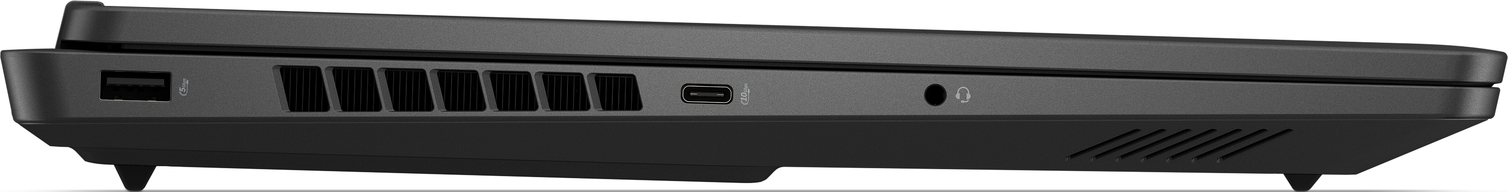 Vue latérale d'un ordinateur portable noir avec ports USB, USB-C, prise casque et évents.
