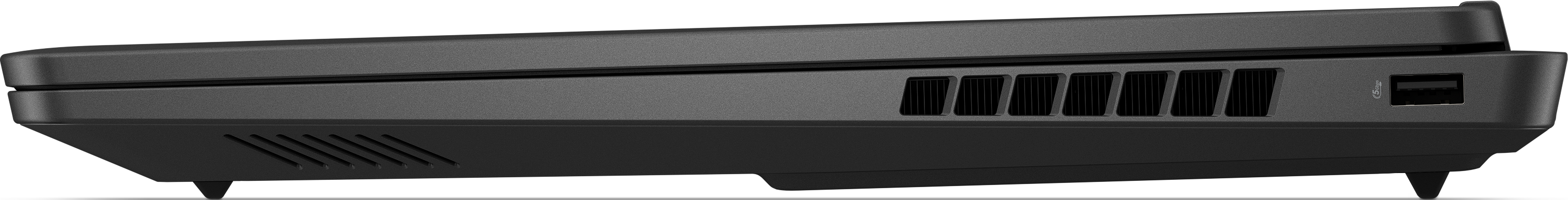Boîtier gris d'ordinateur portable avec aérations et port USB.