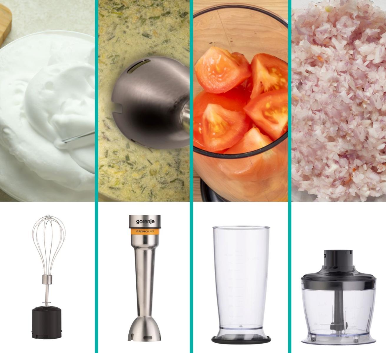 Kolaż ośmiu zdjęć narzędzi i składników kuchennych. Góra: białka jaj, puree, kawałki pomidora, posiekana cebula. Dół: trzepaczka, blender, kubek, rozdrabniacz.