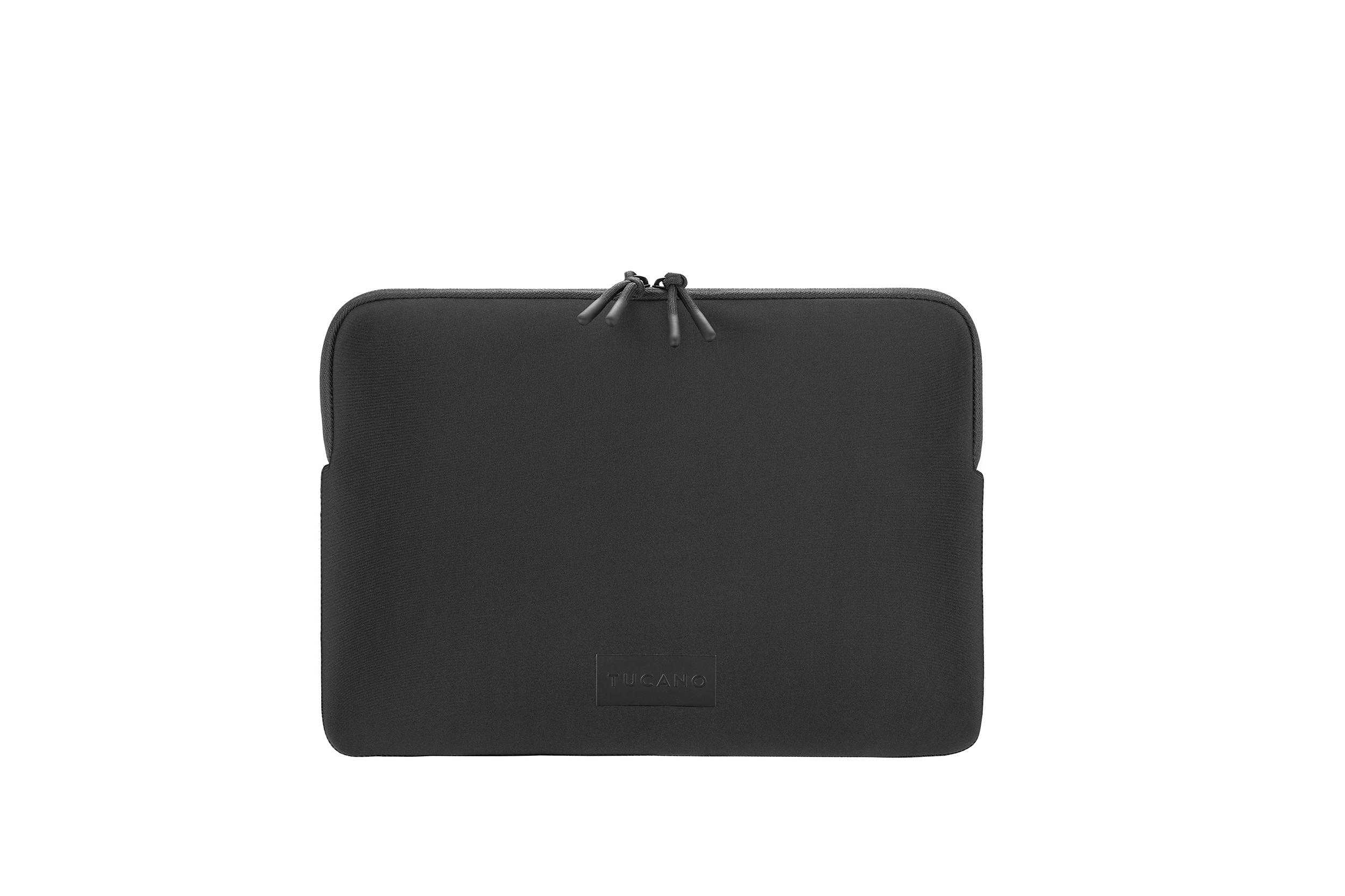 Schwarze Laptoptasche mit Reißverschluss und Tucano-Logo.