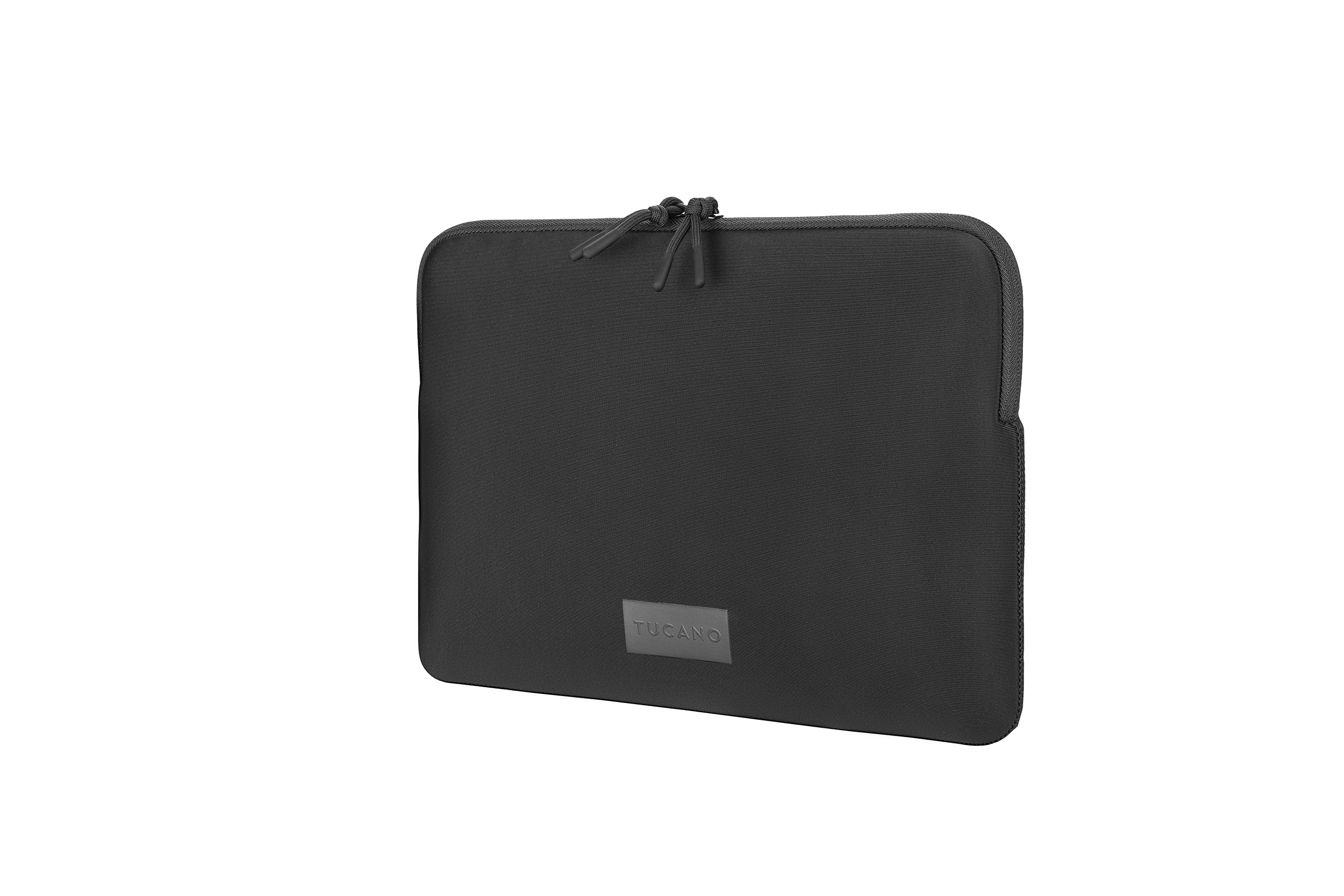 Schwarze Laptoptasche mit Reißverschluss und Tucano-Logo.