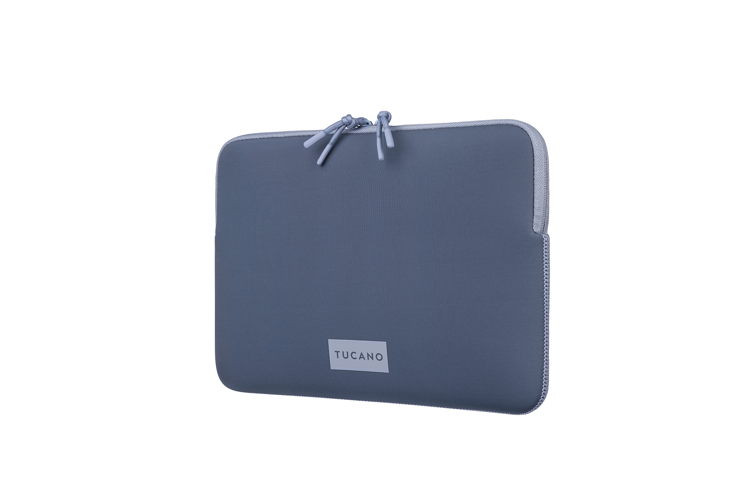 Graue Laptoptasche mit Reißverschluss und Tucano-Logo, weiße Rückseite.