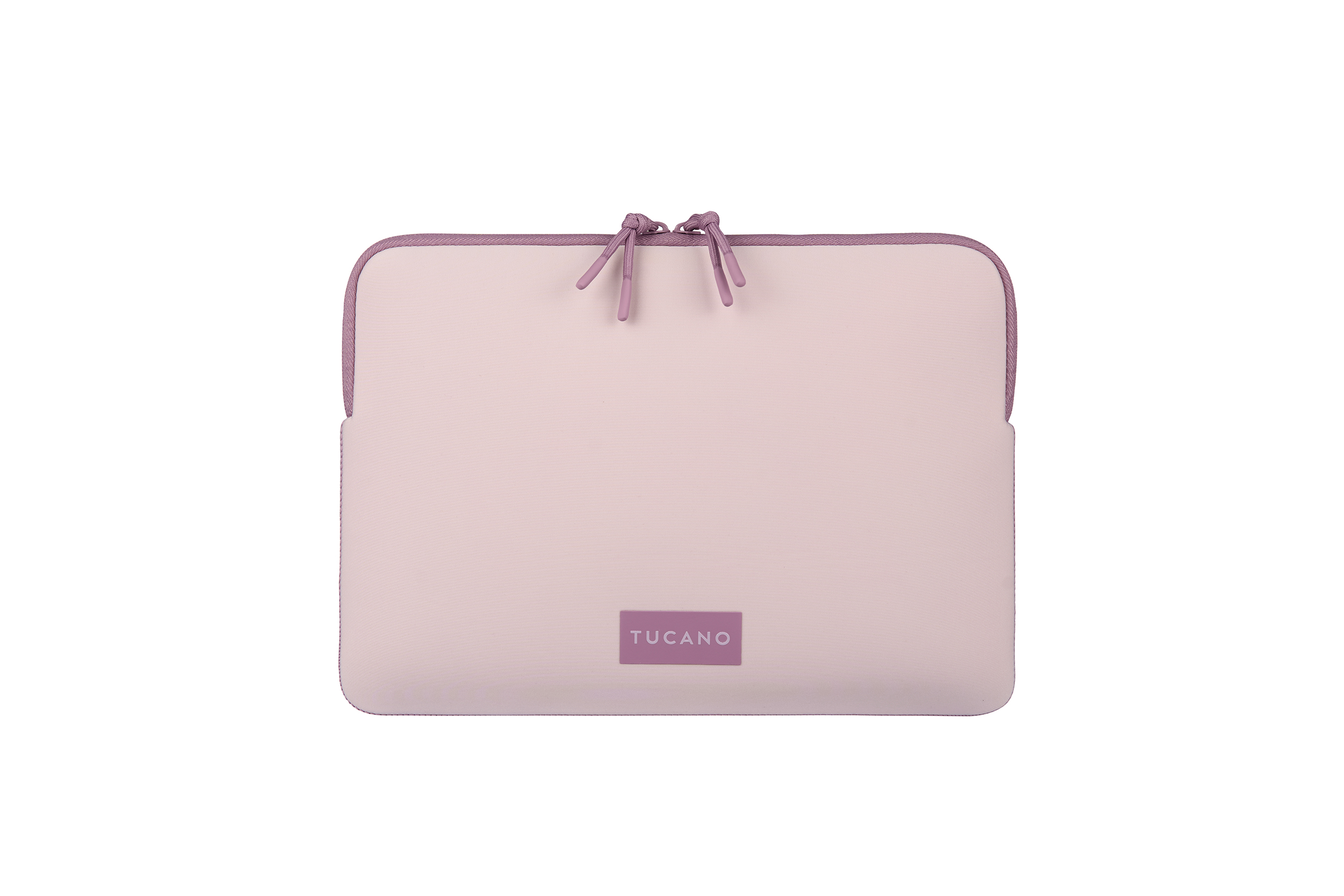 Eine hellrosa Laptoptasche mit zwei Reißverschlüssen und einem Tucano-Logo.