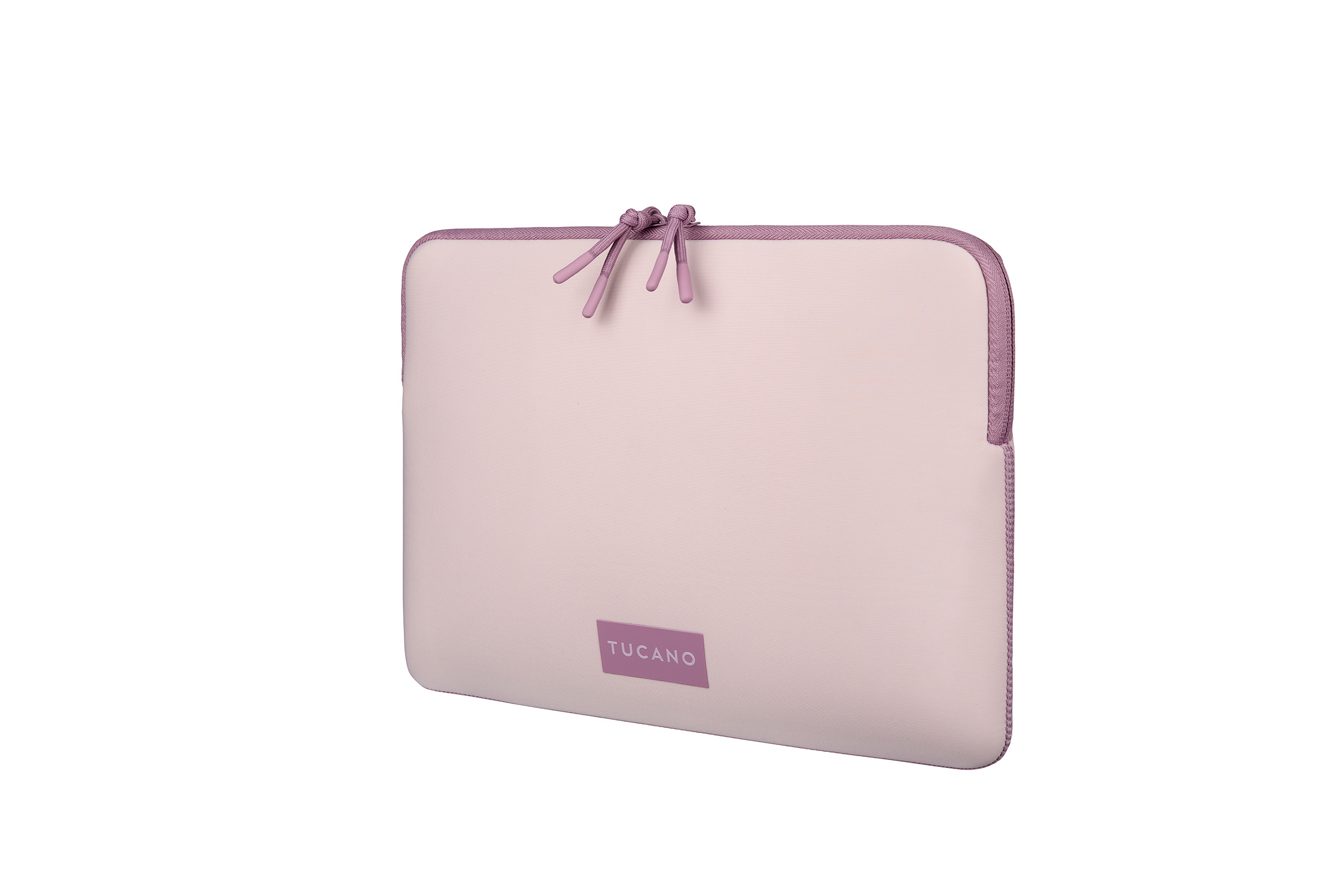 Eine rosafarbene Laptoptasche mit zwei Reißverschlüssen und dem Tucano-Logo.