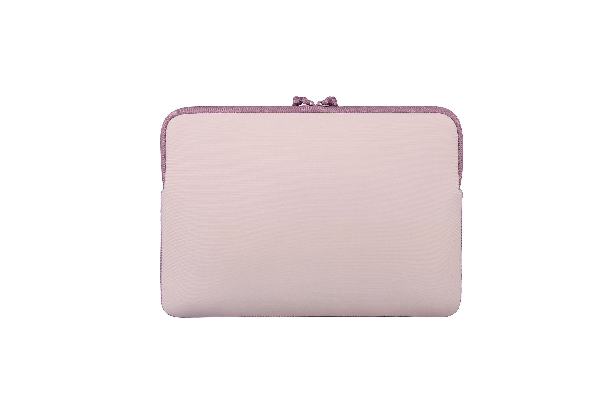 Eine hellrosa Laptoptasche mit einem doppelten Reißverschluss und lila Rand.
