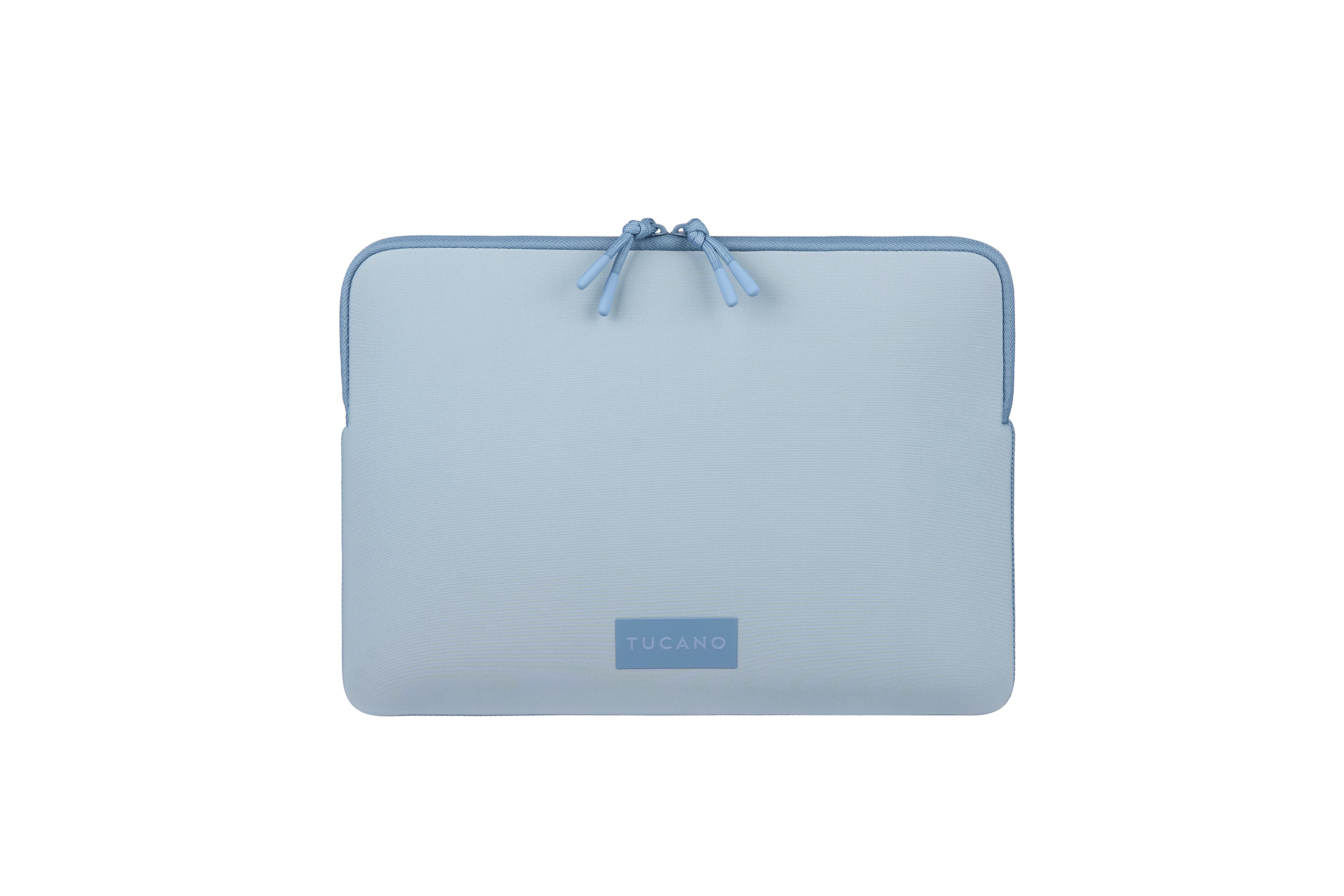 Helles blaues Laptop-Etui mit zwei Reißverschlussziehern und Tucano-Logo.