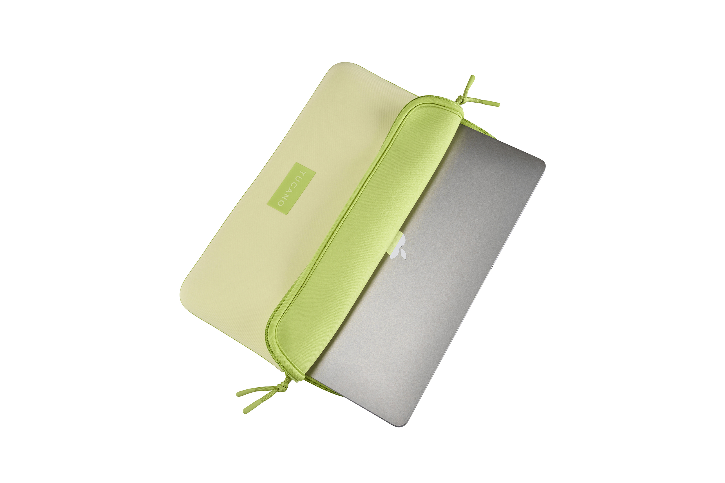 Ein hellgelber Laptop-Sleeve mit hellgrünen Akzenten und einem MacBook.