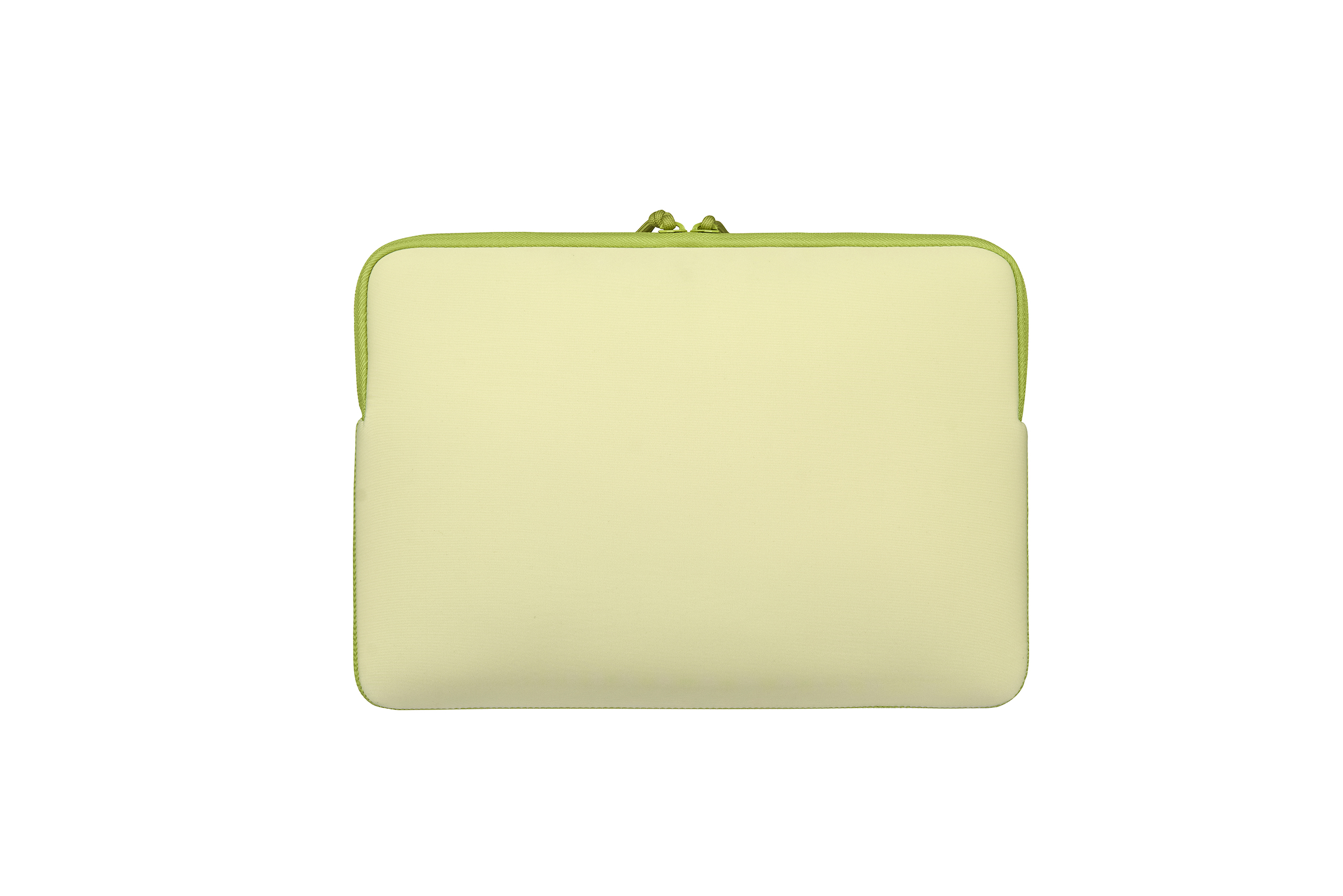Eine hellgelbe Laptoptasche mit grünem Reißverschluss und Rand.