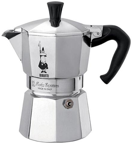 Ein silberner Bialetti Moka Express Espressokocher mit schwarzem Griff.