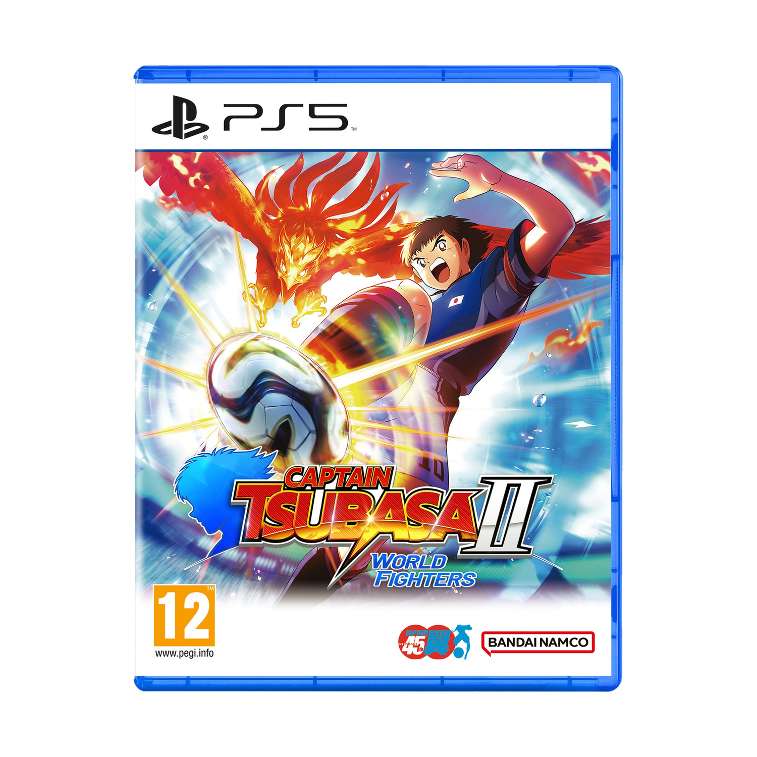 Custodia gioco PS5: Captain Tsubasa con calciatore e uccello di fuoco.