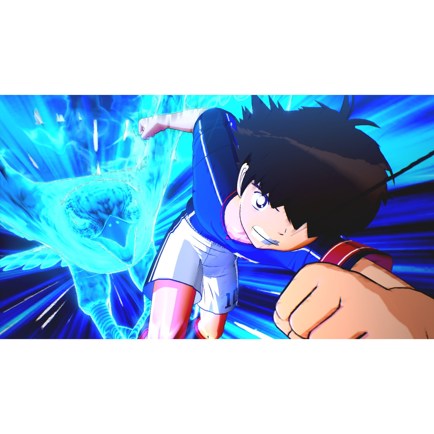Un calciatore anime in uniforme blu scatena un attacco di energia blu.