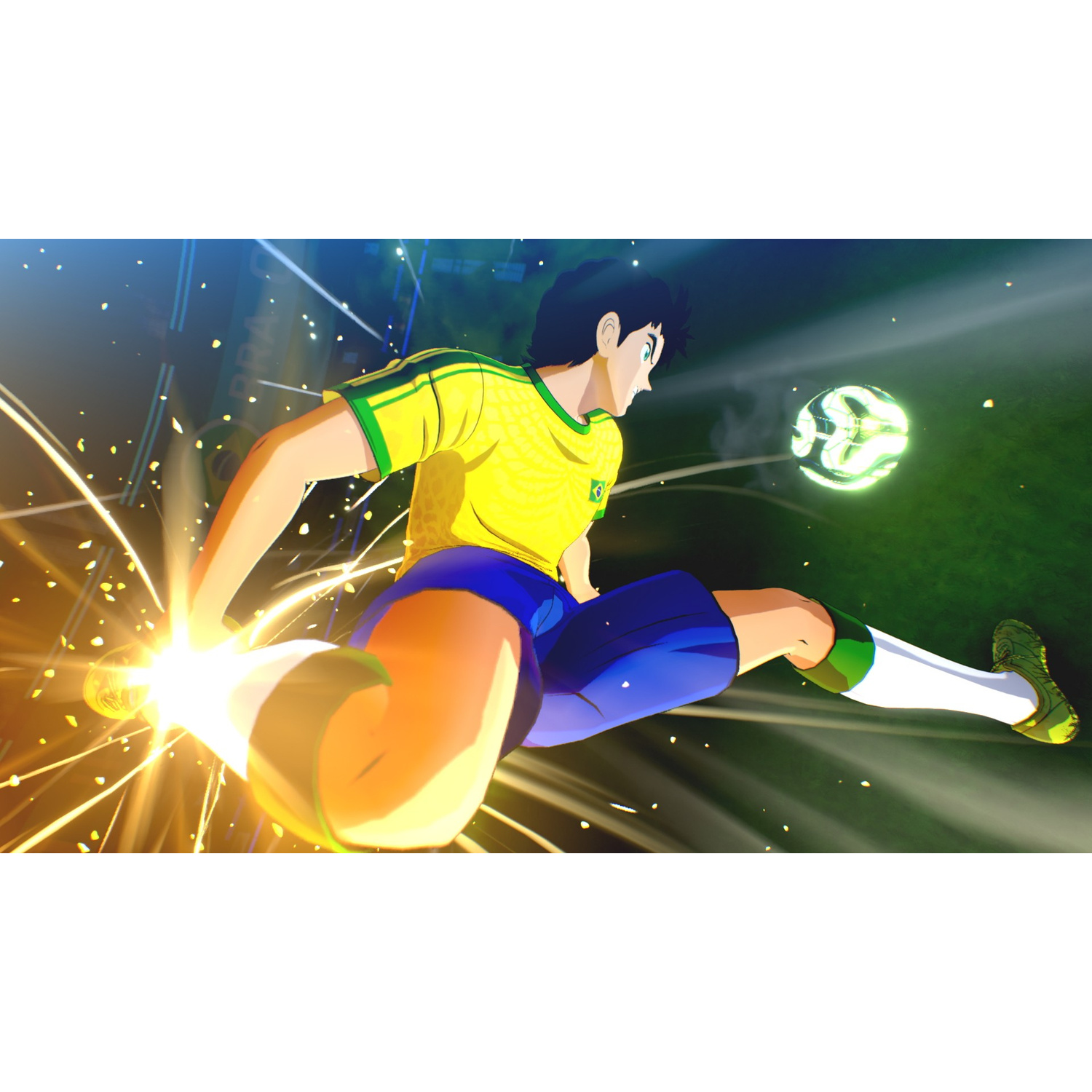 Un calciatore in maglia gialla calcia un pallone luminoso.