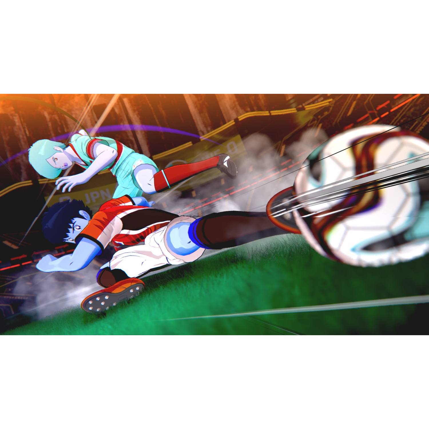 Due calciatori lottano per la palla su un campo verde.