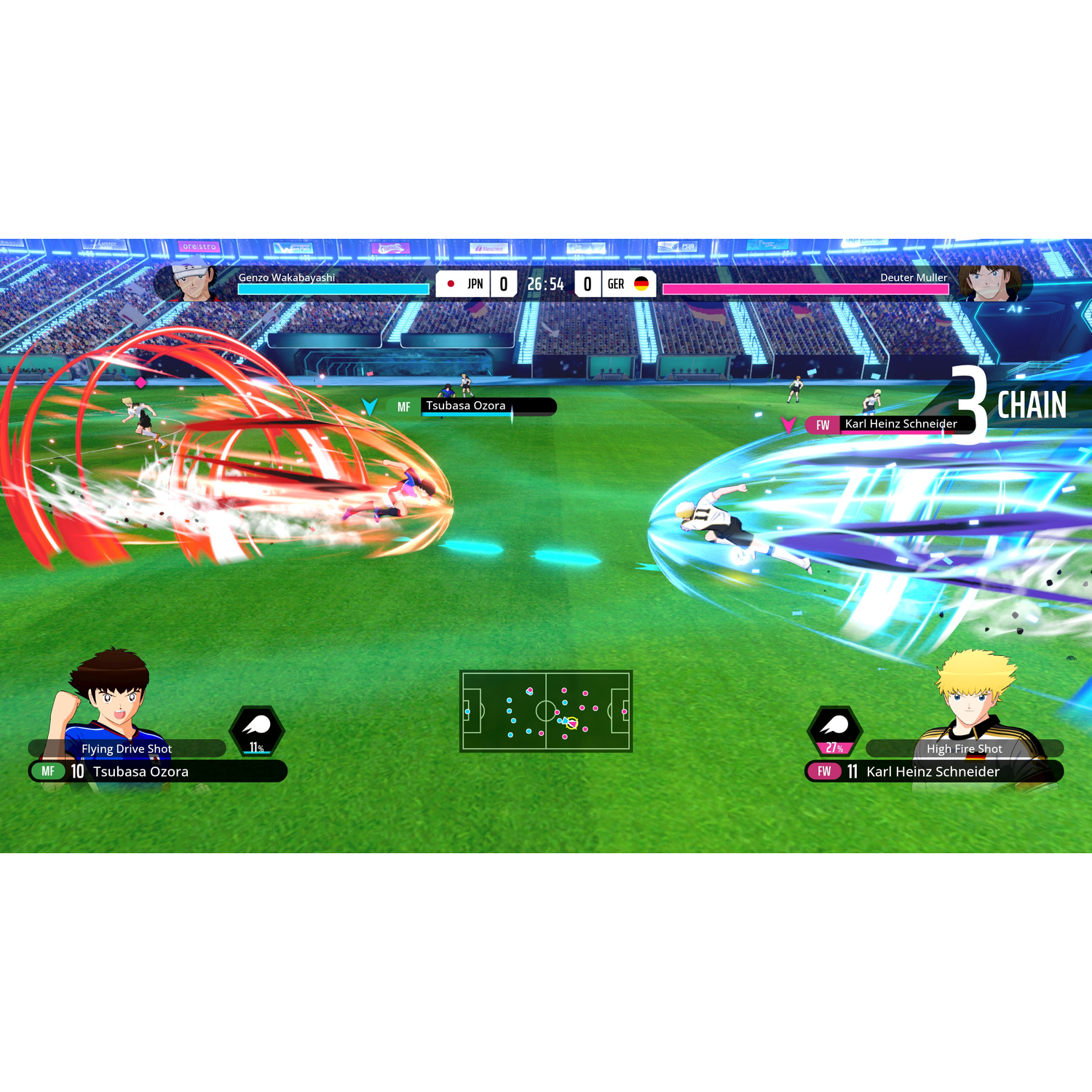 Partita di calcio: Tsubasa Ozora vs Karl Heinz Schneider, JPN 0:0 GER.