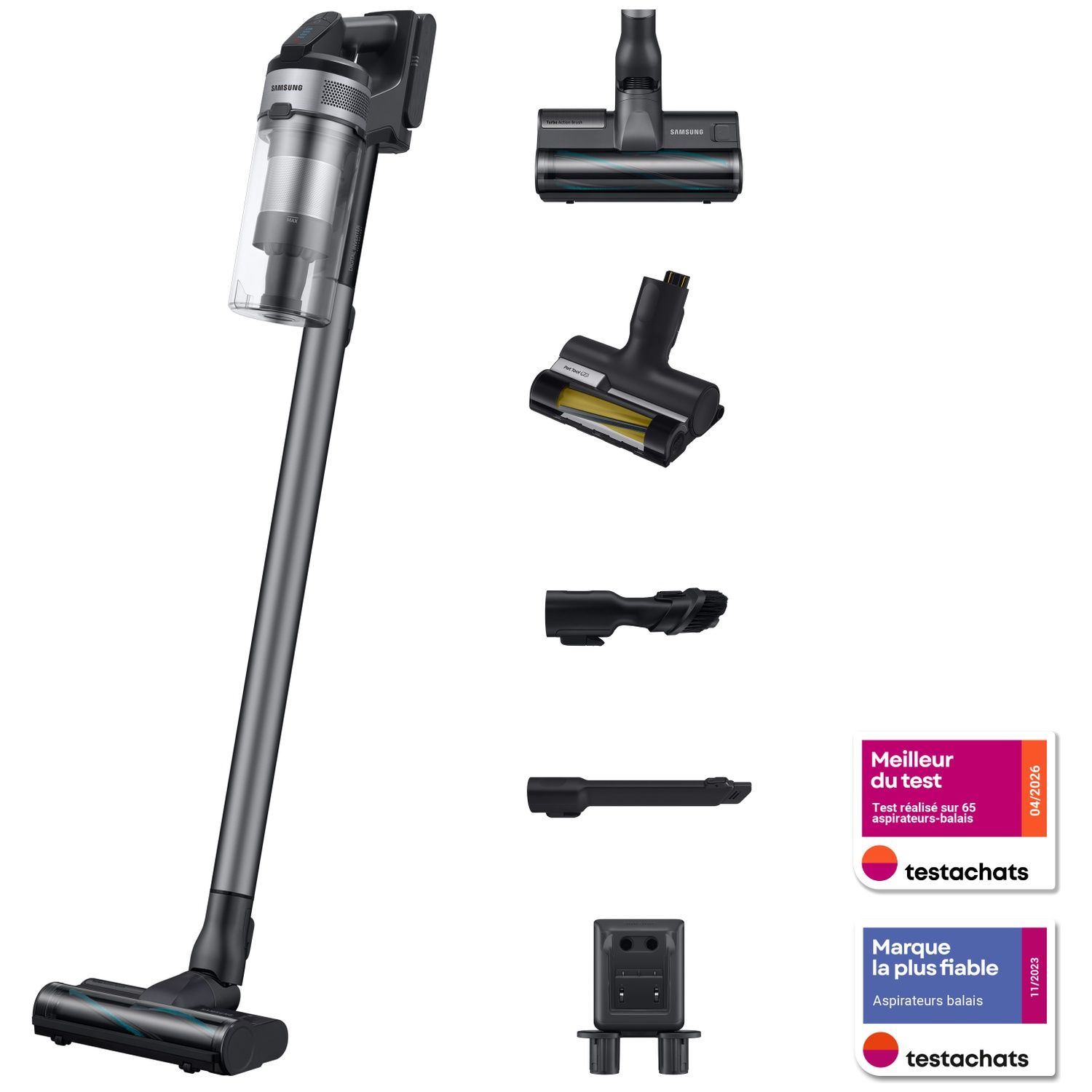 Un aspirateur balai Samsung sombre avec accessoires et récompenses.