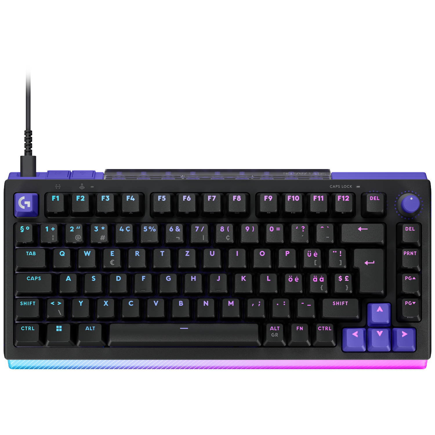 Zwart toetsenbord met paarse accenten en RGB-verlichting langs de onderrand.