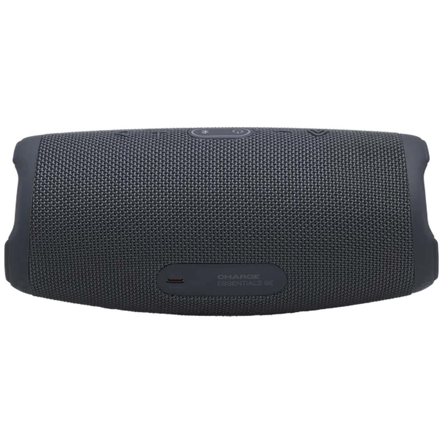 Een donkergrijze, rechthoekige Bluetooth-speaker met stoffen grill en bedieningsknoppen.