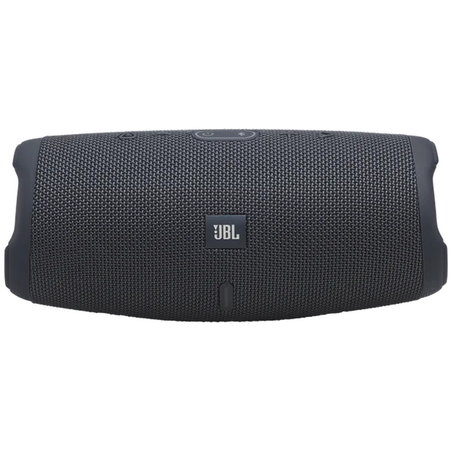 Een zwarte JBL Bluetooth speaker met stoffen grill en bedieningselementen bovenop.