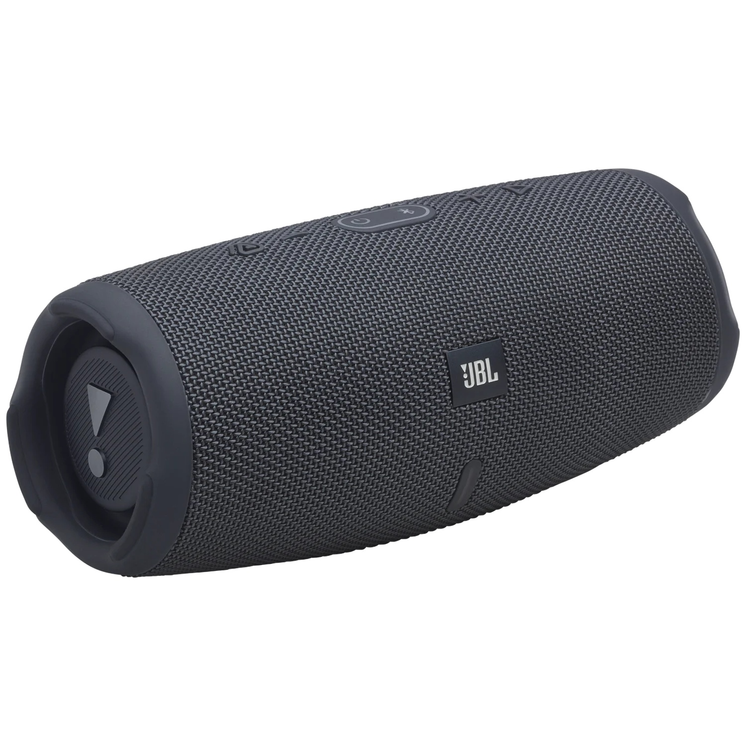 Een donkergrijze JBL draagbare Bluetooth-luidspreker met stoffen grill en prominente eindkappen.