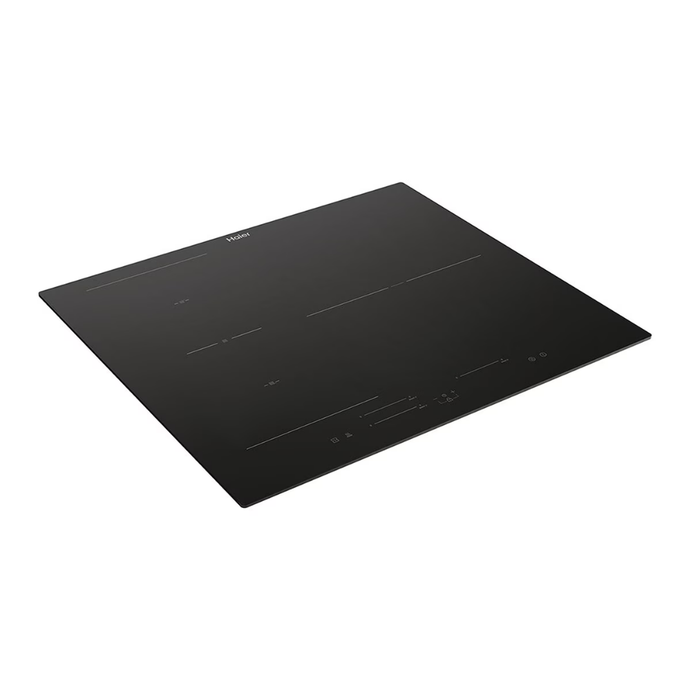 Placa de inducción negra Haier con controles táctiles y cuatro zonas de cocción.
