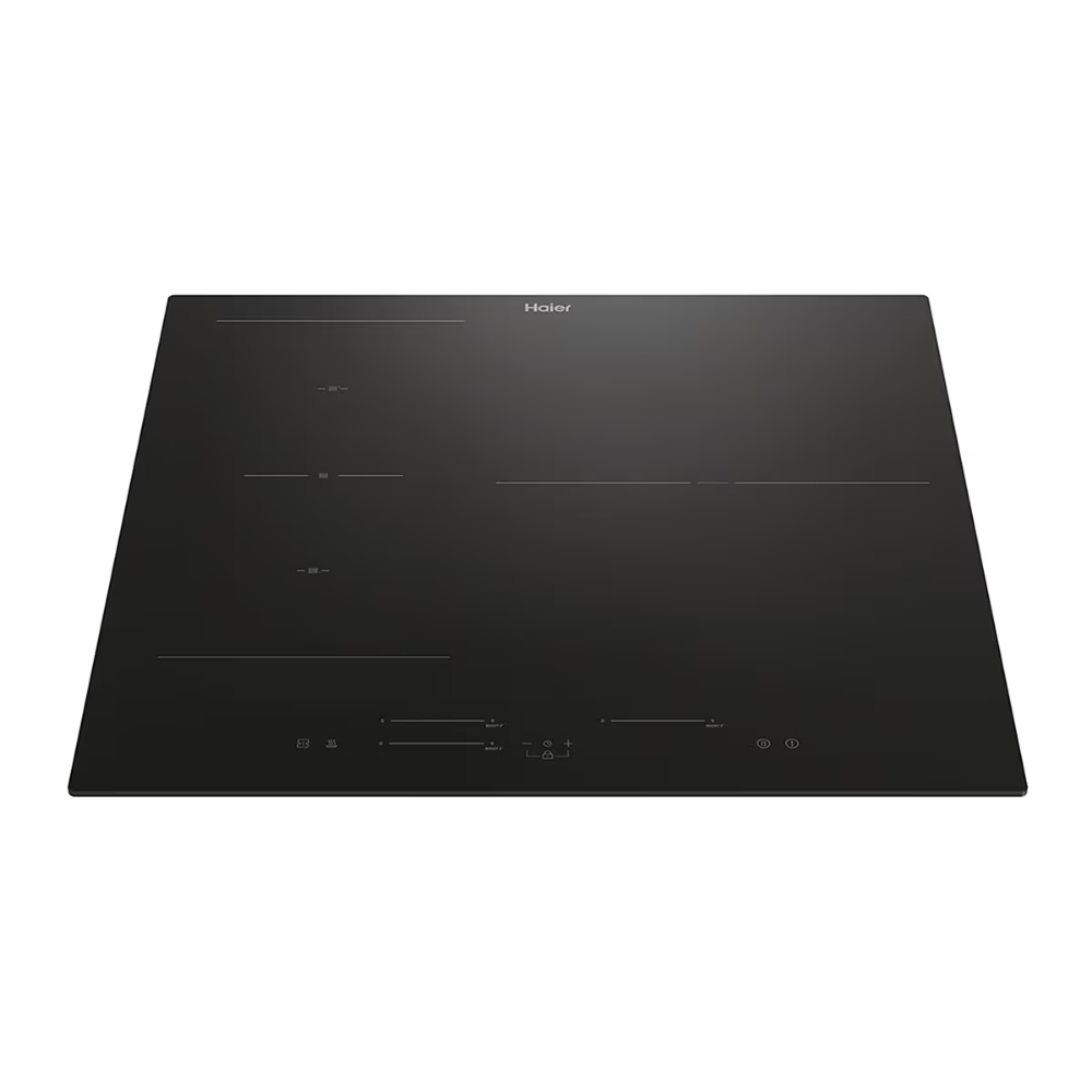 Una placa de inducción Haier negra con cuatro zonas de cocción y controles táctiles.