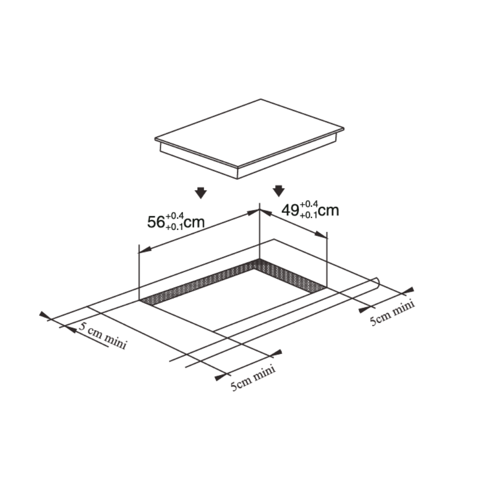 Dibujo técnico que muestra dimensiones de 56x49 cm con bordes de 5cm.