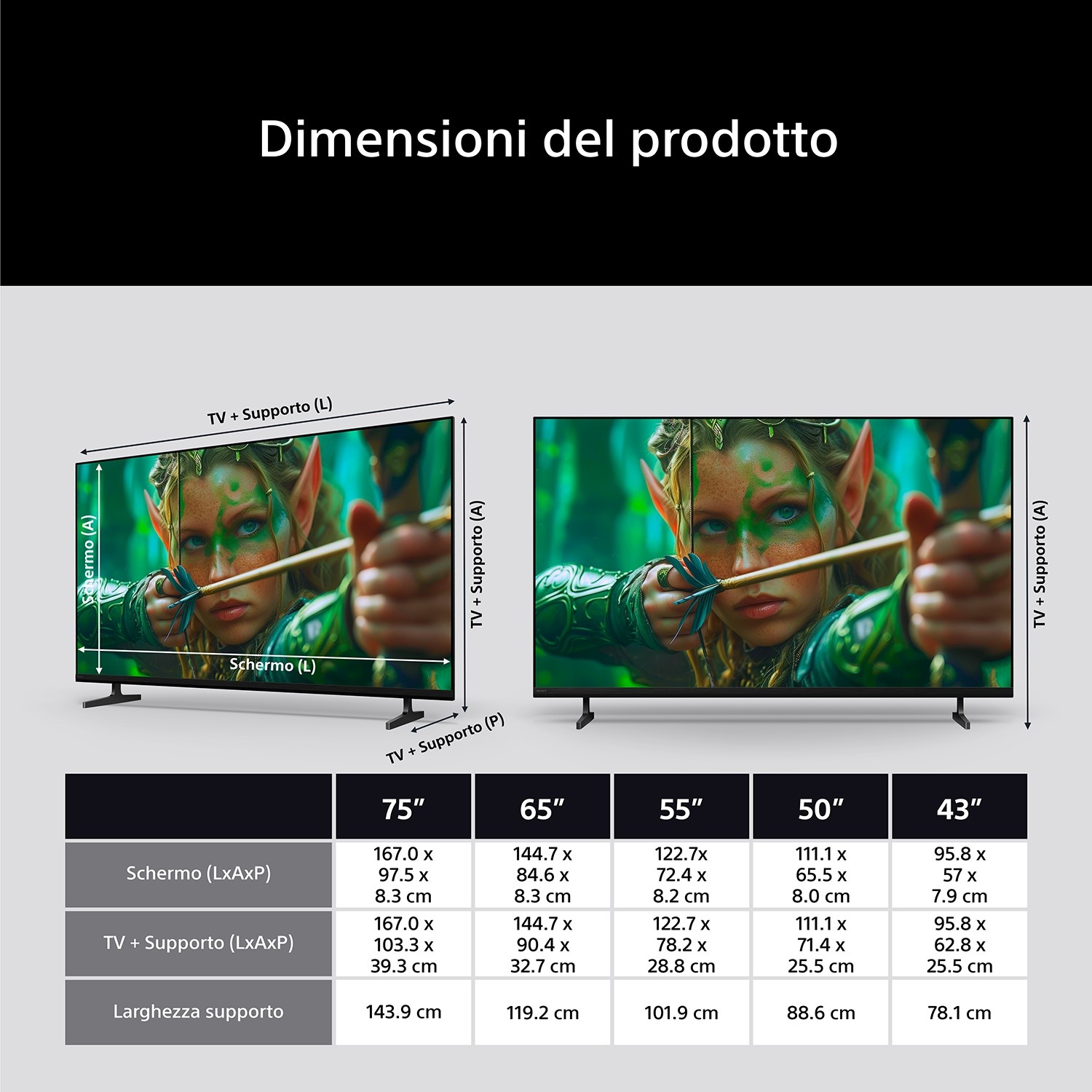 Dimensioni del prodotto con tabella per diverse dimensioni TV e le loro misure.