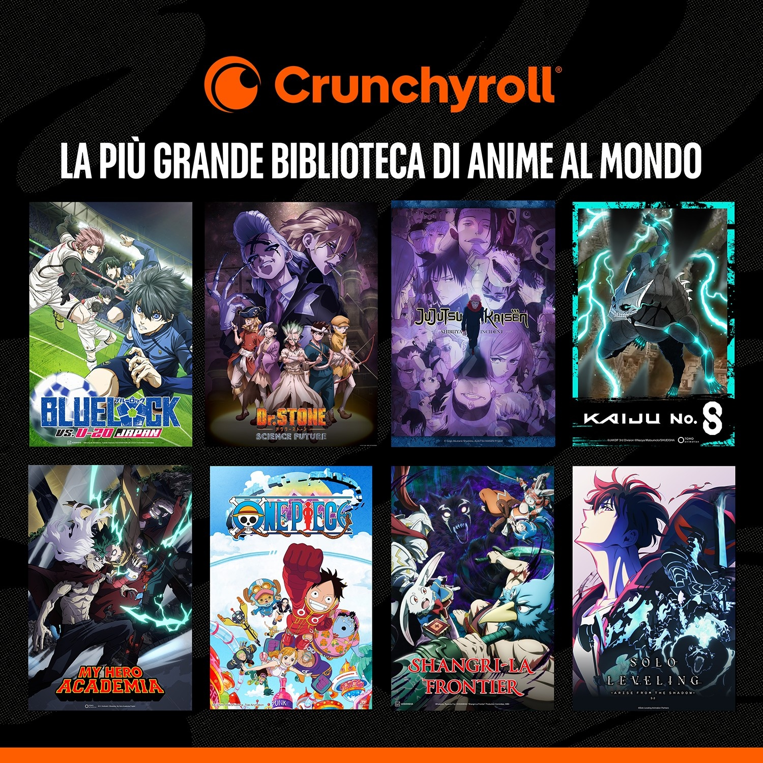 Collage di poster anime Crunchyroll: Blue Lock, Dr. Stone, Jujutsu Kaisen, Kaiju No. 8, MHA.