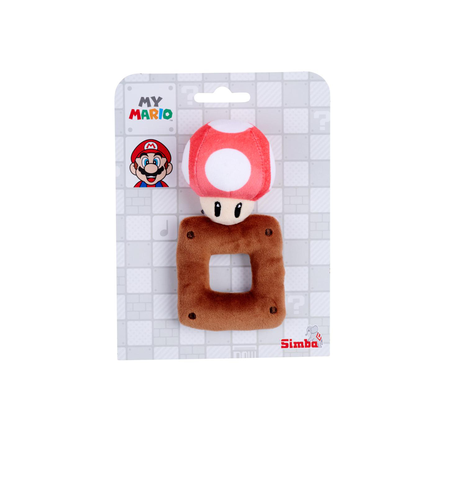 Ein Mario-Plüschtier mit Pilzkopf und braunem Körper auf Verpackung.