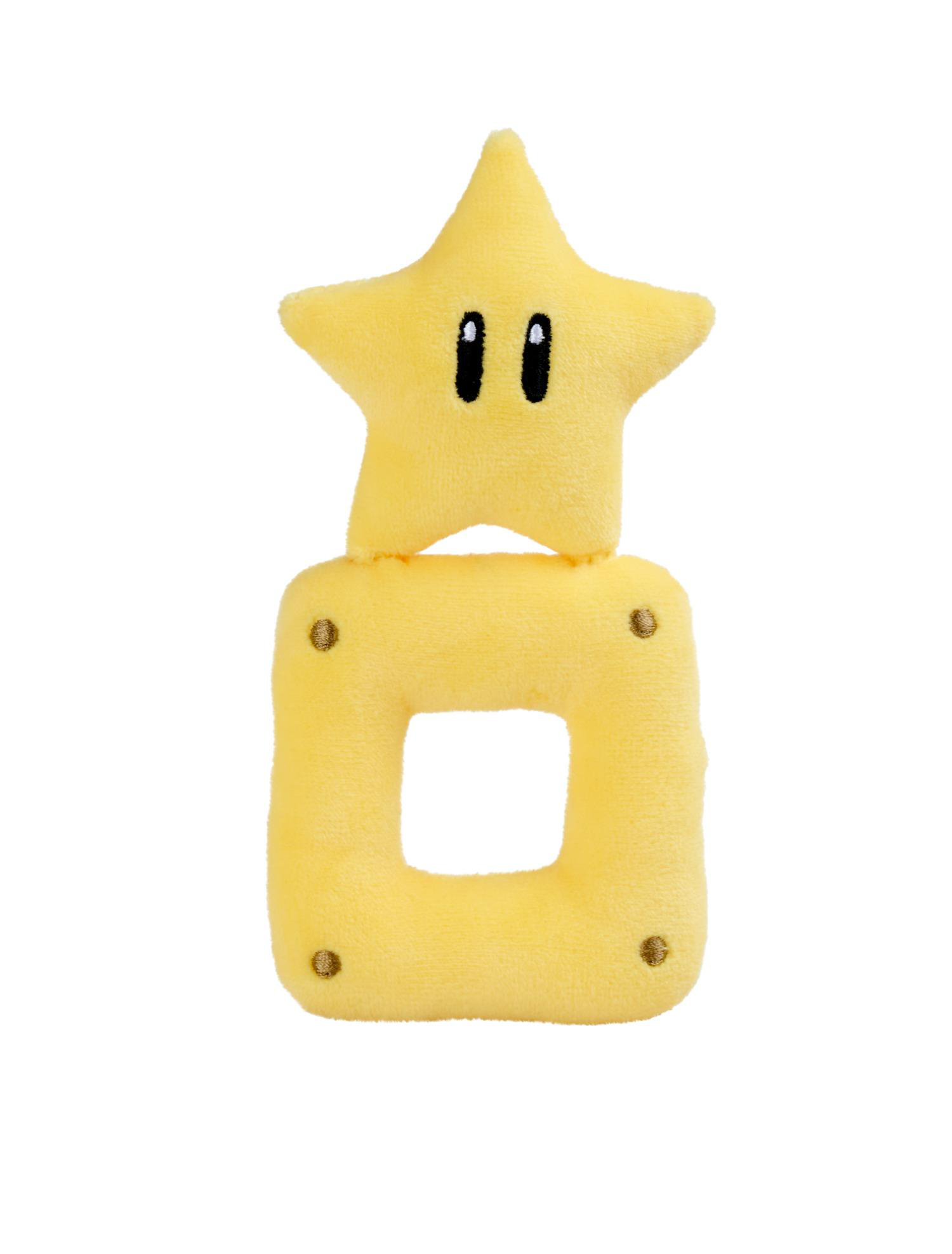 Ein gelber Super Mario Stern mit Augen sitzt auf einem gelben Block.
