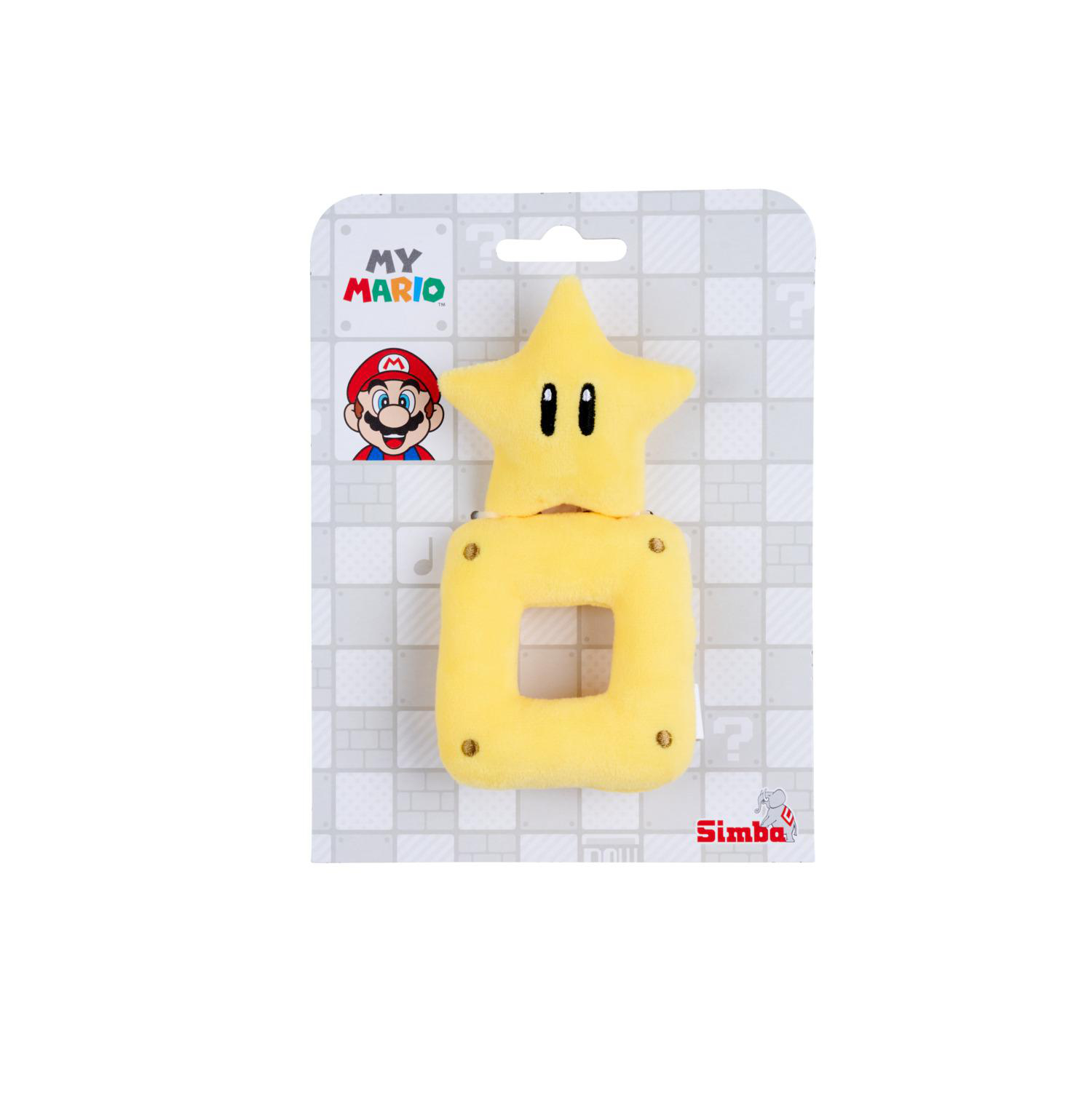 Ein gelbes Mario-Stern-Plüschtier mit einem quadratischen Ring darunter, auf einer Verpackung.