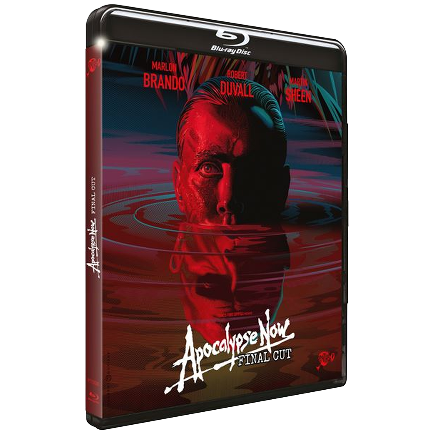 Boîtier Blu-ray d'Apocalypse Now avec Marlon Brando sous lumière rouge.