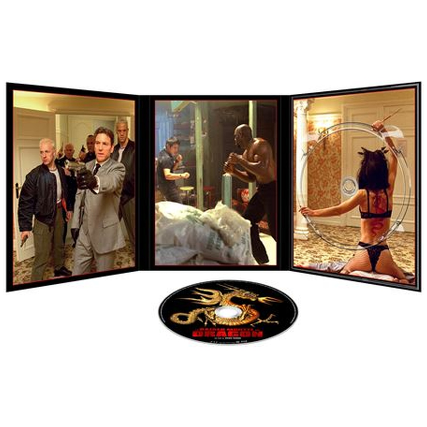 Triptyque avec scènes de film: hommes armés, combat, femme avec cerceau. DVD dessous.