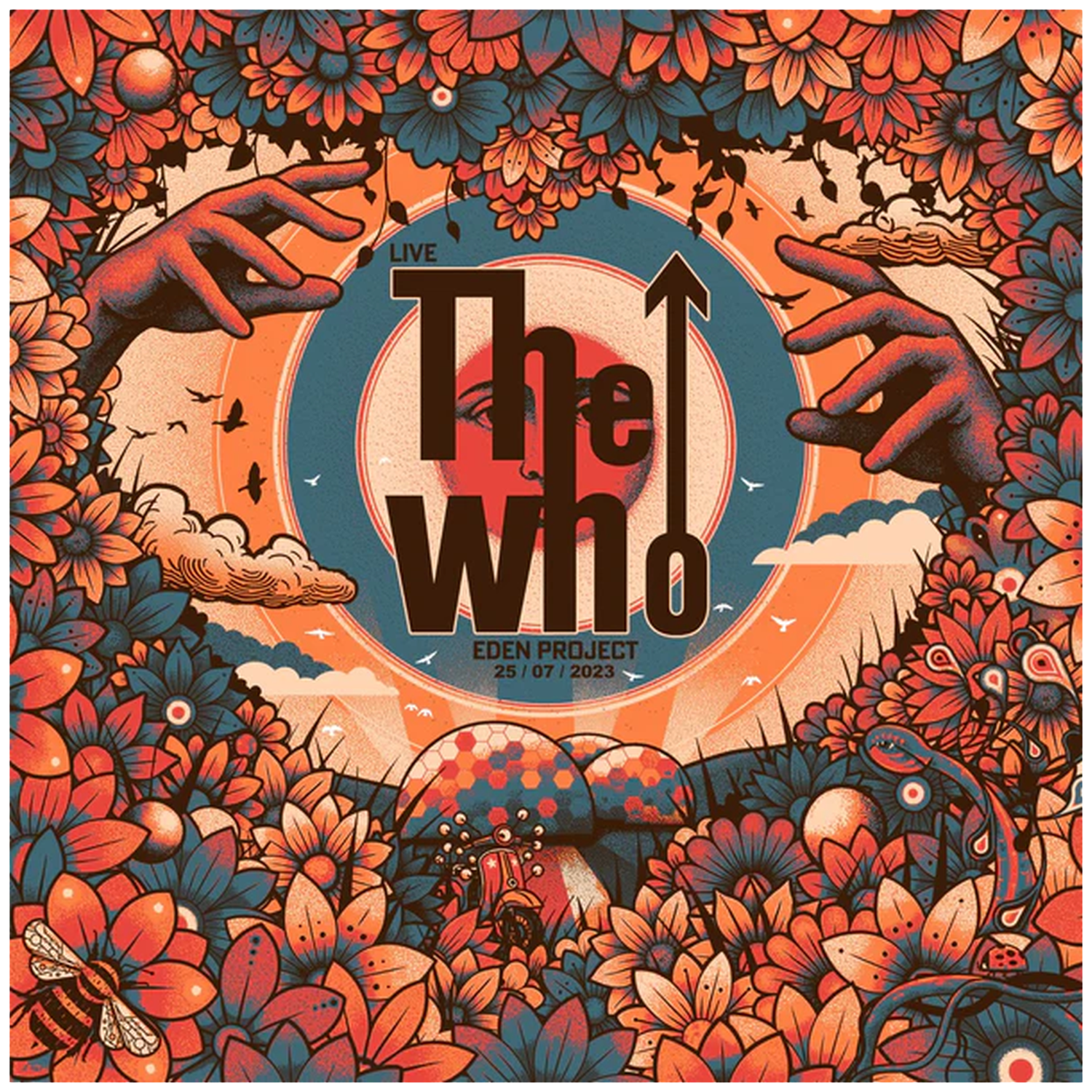 Concertposter: "The Who Live" met bloemenrand, doelwit, handen en scooter.