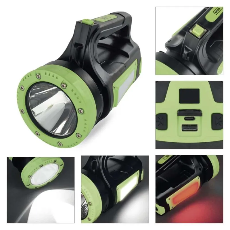 Fekete és zöld zseblámpa USB-portokkal és LED kijelzővel.