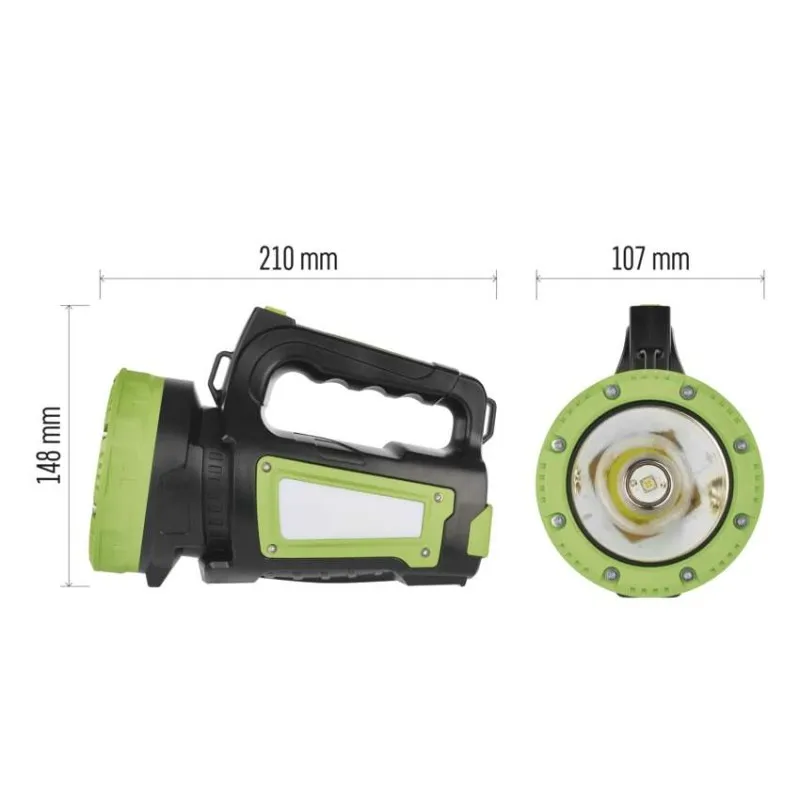 Fekete és zöld elemlámpa fogantyúval, mérete 210x148mm és 107mm.