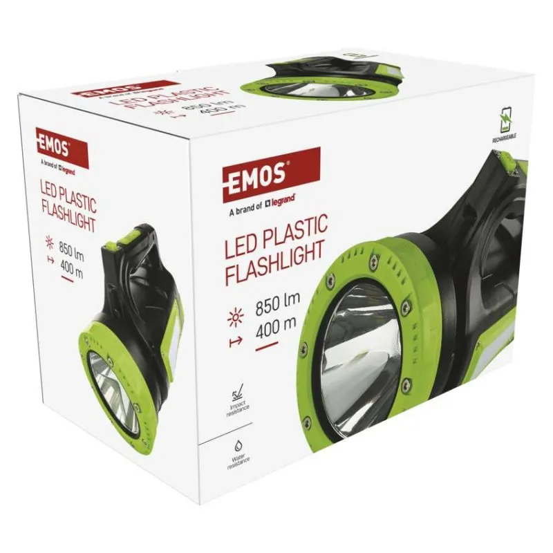 Fekete és zöld LED-es zseblámpa csomagolása, 850 lm, 400 m hatótávolság.