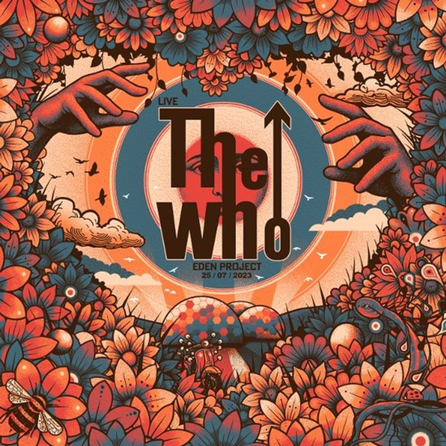 Poster van The Who's live show in Eden Project op 25/07/2023, met bloemen en handen.
