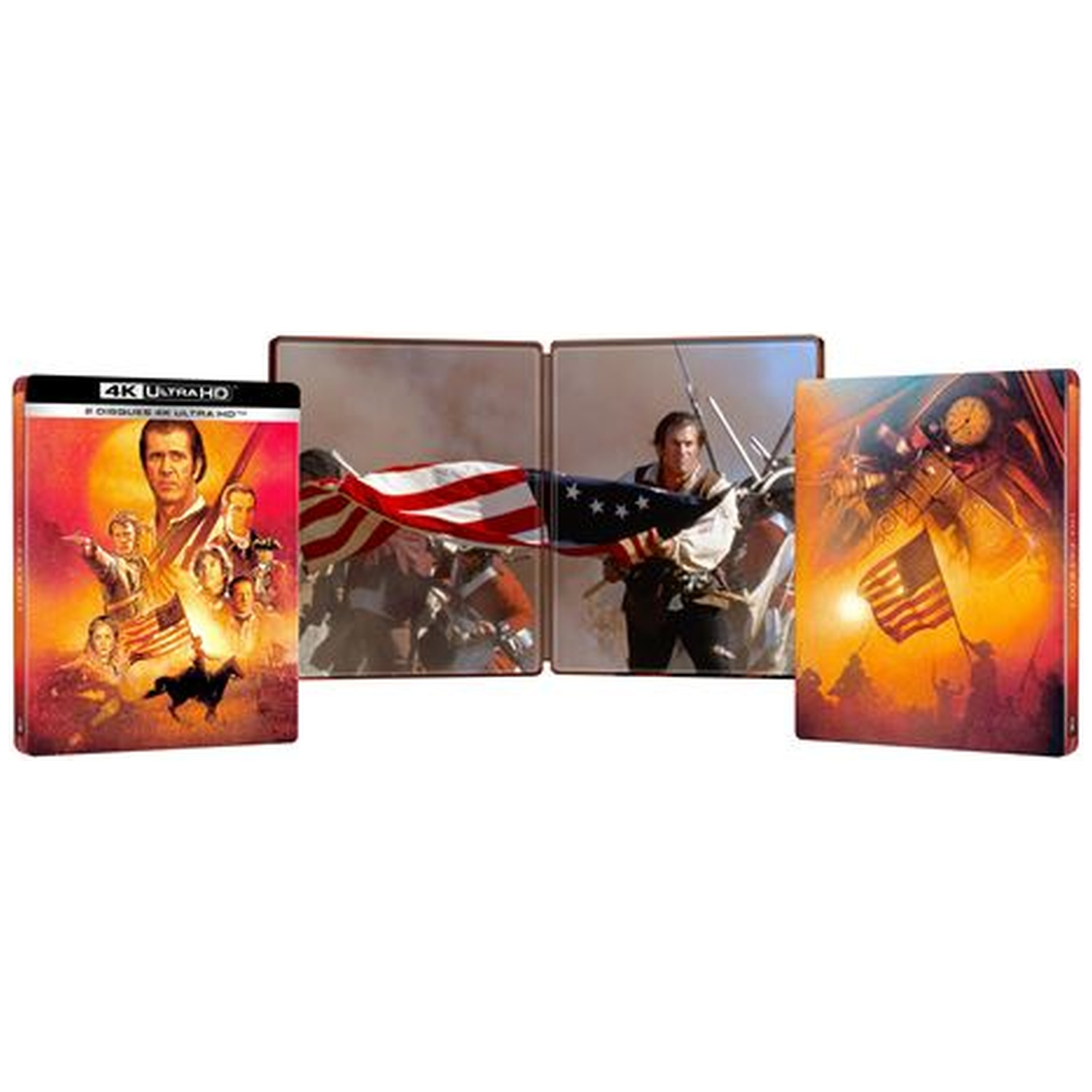 Drie steelbooks van een filmcollectie: Eén voorblad met acteurs en paard, twee open binnenzichten met vlag en soldaten.