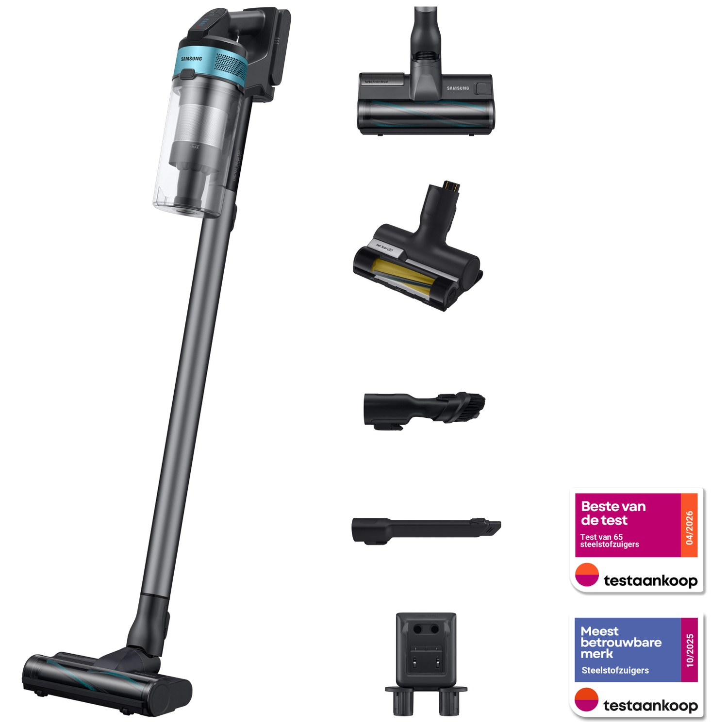 A Samsung cordless vacuum cleaner with accessories and test seals.