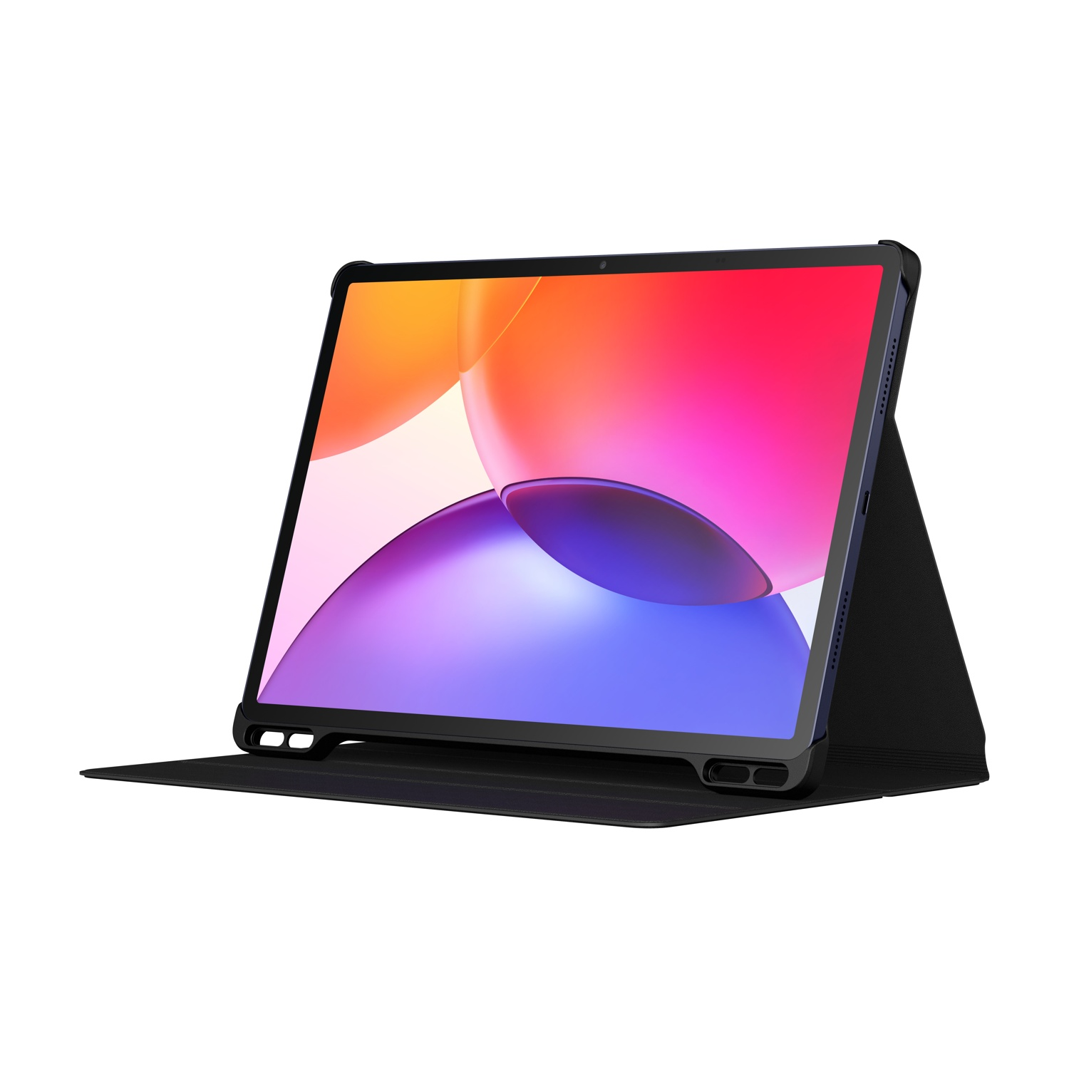 Un tablet nero con uno sfondo colorato in un supporto nero.
