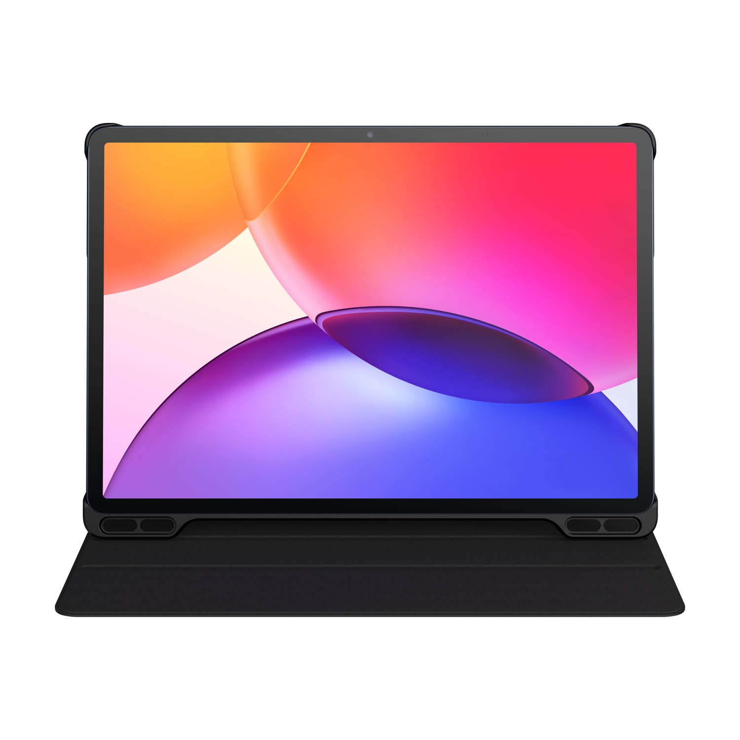 Un tablet nero in una custodia visualizza uno sfondo astratto colorato.
