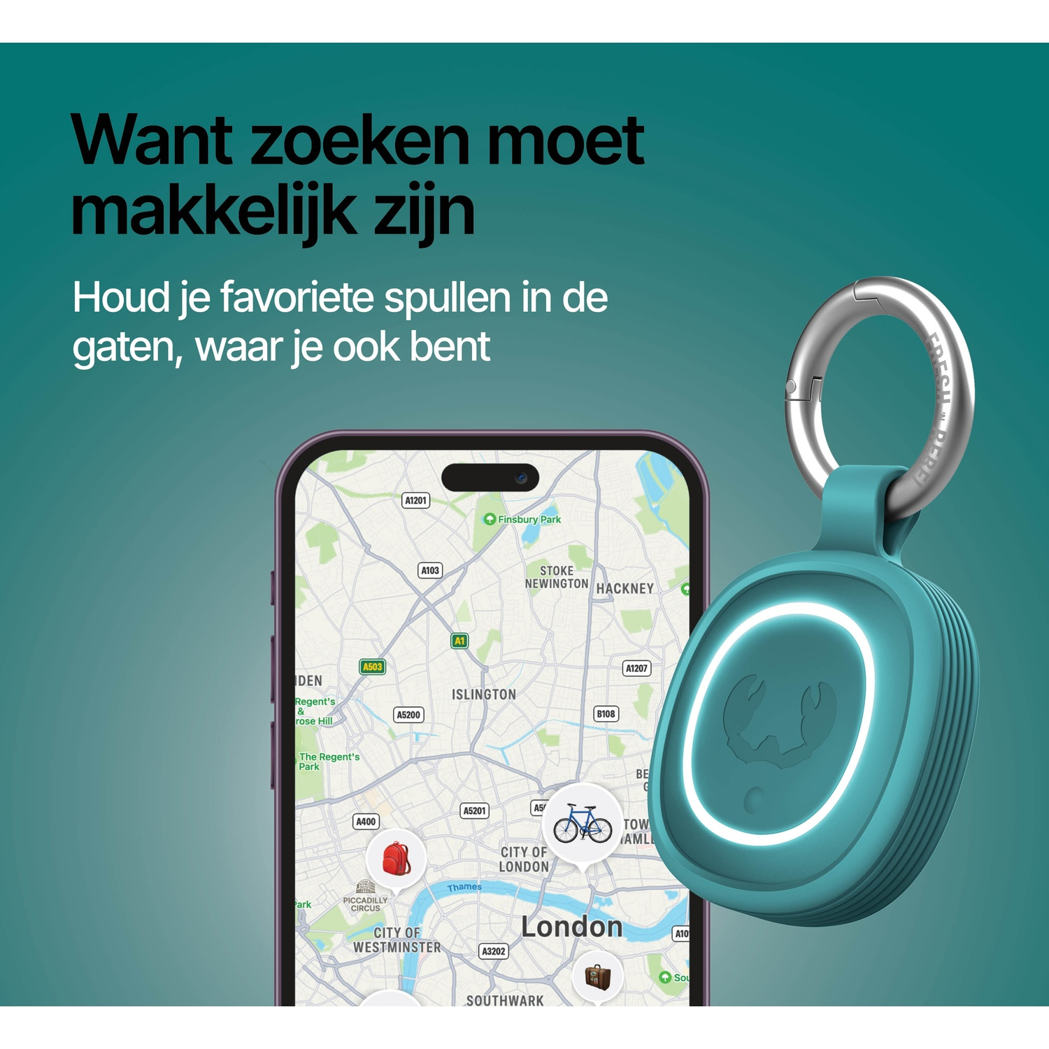 Een teal tracker met gloeiende ring naast een smartphone met een kaart van Londen erop.