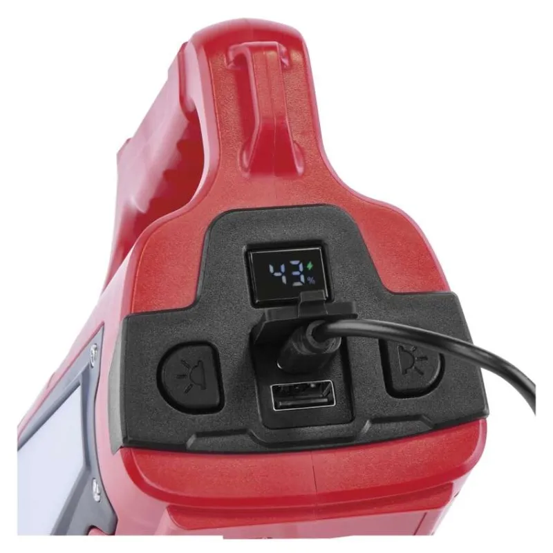 Piros készülék fekete fogantyúval, USB porttal és 43%-os töltöttségjelzővel.