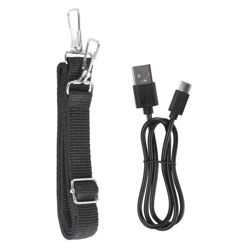 Fekete pánt ezüst klipekkel és USB-A csatlakozós USB-C kábel.