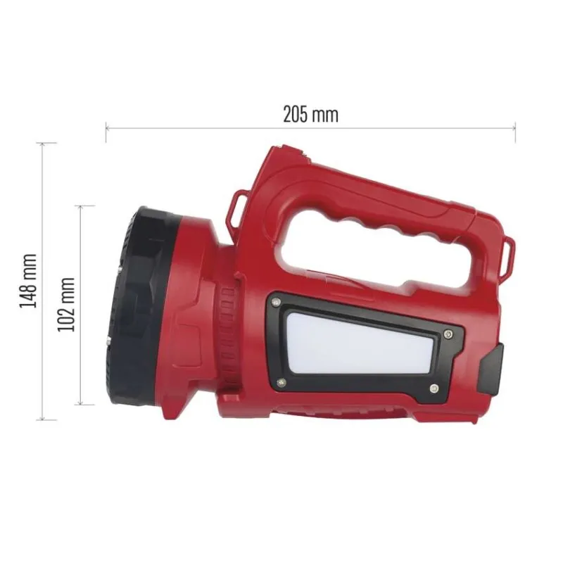 Piros zseblámpa fekete díszítéssel, méretek 205mm hossz, 148mm magasság, 102mm szélesség.