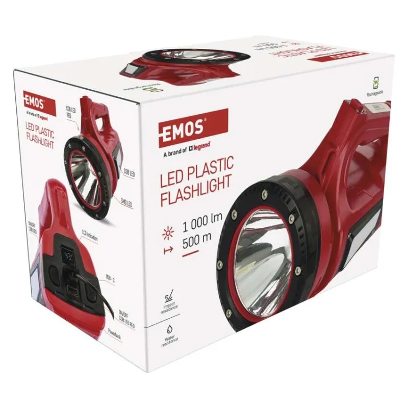 Piros EMOS LED műanyag zseblámpa fehér csomagoláson, termékjellemzőkkel.
