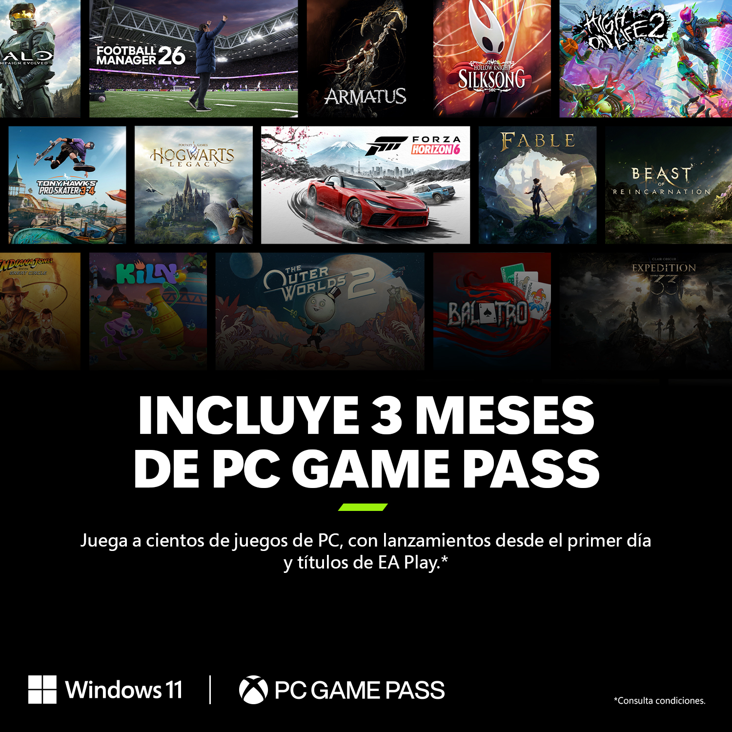 Incluye 3 meses de PC Game Pass. Juega a cientos de juegos de PC, con lanzamientos desde el primer día y títulos de EA Play.* Consulta condiciones